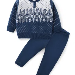 Babyhug Knit Full Sleeves Sweater Set with Snowflake Design - Navy Blue-picture-14