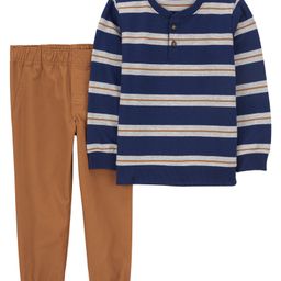 Carter's Knit Full Sleeves Striped Henley Neck T-Shirt & Solid Trouser Set - Blue & Brown-picture-10