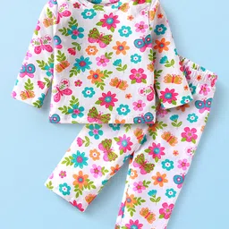Babyhug Cotton Knit Full Sleeves Night Suit with Floral Print - White-picture-11