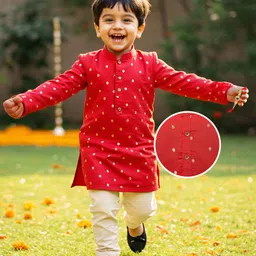 Babyhug Woven Full Sleeves Kurta & Pajama Set With Foil Polka Dot Print - Red & White-picture-26