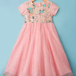Babyhug Woven Half Sleeves Ethnic Dress With Sequin Detailing & Net Embroidered - Peach-picture-23