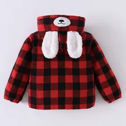 Kookie Kids Full Sleeves Hooded Winter Jacket with Checkered Design & Ears Applique - Red & Black image 2