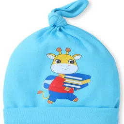 Babyhug Interlock Knit Caps With Animal Print Pack Of 2 - Red & Sky Blue image 2