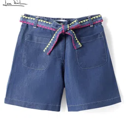 arias by lara dutta Arias Cotton Woven Washed Shorts with Embroidery on Belt - Blue image 2