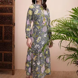 Vishudh Floral Print Tie-Up Neck Cuffed Sleeves A-Line Midi Dress image 4