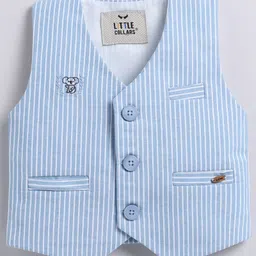 LITTLE COLLARS Cotton Half Sleeves Striped & Palm Trees Printed Shirt Waistcoat Shorts & Bow Set - Blue image 5