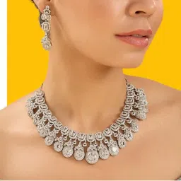 Auraa Trends Luxury Silver-Plated American Diamonds Bridal Necklace Set-picture-14