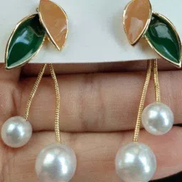 Celestique Pearls Beaded Enamelled Leaf Shaped Drop Earrings image 2