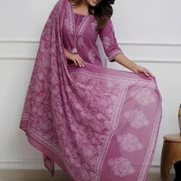 JAIPURI COLLECTION Women Ethnic Motifs Printed Regular Thread Work Pure Cotton Kurta with Trousers & With image 2