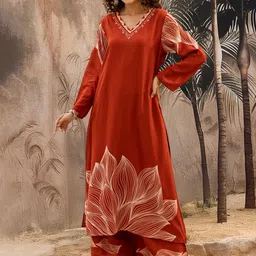 Sangria Printed With Embroidered Ethnic Kurta With Palazzos Set-picture-24
