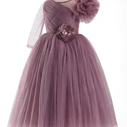 Bluebell Net Woven Full Sleeves Party Frock with Floral Applique - Brown-picture-21