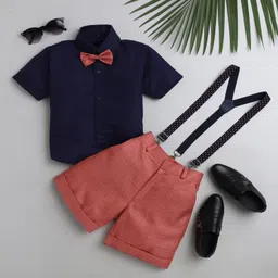 Jeet Ethnics Half Sleeves Solid Suspender Shirt With Checked Shorts With Bow - Navy Blue & Peach-picture-14