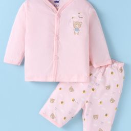 Simply InterlockKnit Full Sleeves Front Open Night Suit with Teddy Bear Print - Pink-picture-4