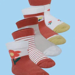 Baby Moo Pack Of 5 Floral Printed  Anti Skid Socks - Peach & White-picture-23