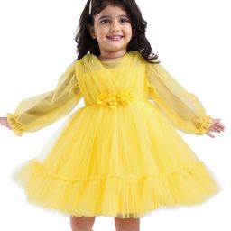 Babyhug Woven Full Sleeves Party Dress With Floral Corsage - Yellow-image-119