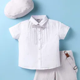 ToffyHouse Cotton Woven Half Sleeves Printed Shirt & Shorts With Bow Suspender & Hat - White & Light Grey-picture-13