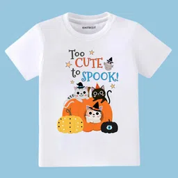 KNITROOT Cotton Lycra Knit Halloween Theme Half Sleeves Too Cute To Spook Text Printed Tee - White image 1