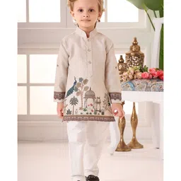 Lagorii Cotton Blend Woven Full Sleeves Palace Theme Printed Kurta Pyjama - Beige-picture-26