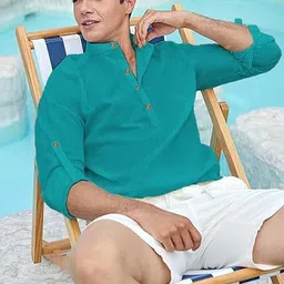 AMRIT TOP WEAR Men Solid Mandarin Collar Cotton Kurta image 2