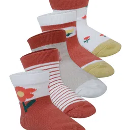 Baby Moo Pack Of 5 Floral Printed  Anti Skid Socks - Peach & White image 2