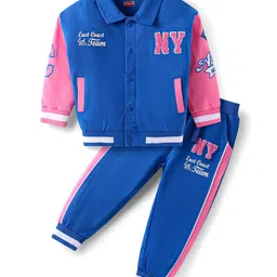 Babyhug Terry Knit Full Sleeves Bomber Jacket & Lounge Pant Set With Text Print - Blue & Pink image 2