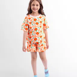 Honeyhap Premium100% Cotton Knit Half Sleeves Co-ords Shorts Night Suit with Bio Finish & Fruits Print - Bright White Cantaloupe & Carrot image 2