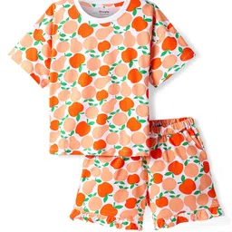 Honeyhap Premium100% Cotton Knit Half Sleeves Co-ords Shorts Night Suit with Bio Finish & Fruits Print - Bright White Cantaloupe & Carrot image 3