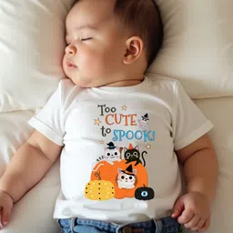 KNITROOT Cotton Lycra Knit Halloween Theme Half Sleeves Too Cute To Spook Text Printed Tee - White image 4