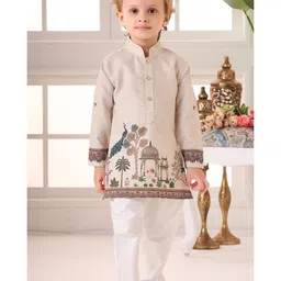 Lagorii Cotton Blend Woven Full Sleeves Palace Theme Printed Kurta Pyjama - Beige image 4