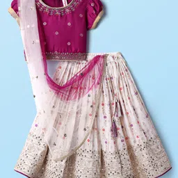 Babyhug Woven Puffed Sleeves Choli Lehenga & Dupatta Set Floral Foil Print - Off White image 4