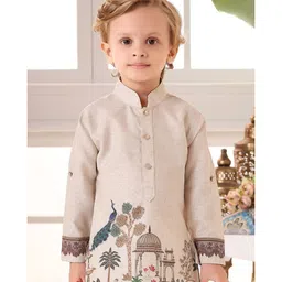 Lagorii Cotton Blend Woven Full Sleeves Palace Theme Printed Kurta Pyjama - Beige image 5