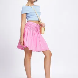 glitchez Barbiecore Glam Smocked Lace Trim Flared Skirt image 3