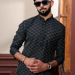PulseIQ Men Black Cotton Blend Kurta Sets image 2