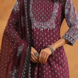 Indo Era Women Ethnic Motifs Printed Regular Thread Work Pure Cotton Kurta with Trousers & With Dupatta image 3