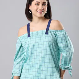 MYND Checked Shoulder Straps Cold-Shoulder Cotton Bardot Top-image-29