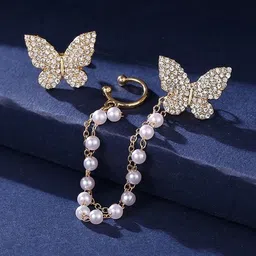 TheVineGirl Butterfly Stud Pearl Chain Ear Cuff Earrings-picture-38