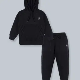 Kiddopanti Full Sleeves Logo Printed Kangaroo Pocket Hooded Sweatshirt & Track Pants Set - Jet Black-image-38