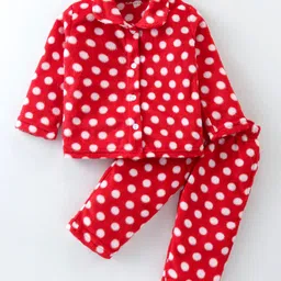Kanvin Supersoft Extra Warm Velour Full Sleeves Winter Night Suit With Polka Dots Print - Red-picture-21
