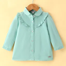 ToffyHouse Cotton Poplin Woven Full Sleeves Front Open Top With Floral Print & Frill Detailing - Green-picture-12