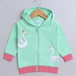 BUMZEE Looper Full Sleeves Swan Printed Hooded Sweat Jacket - Green & Pink-image-13