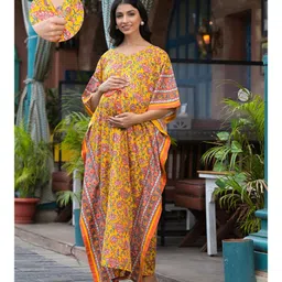 Aujjessa Cotton Batwing Sleeves Floral Printed Maternity Kaftan With Concealed Zipper Nursing Access - Yellow Multi image 1