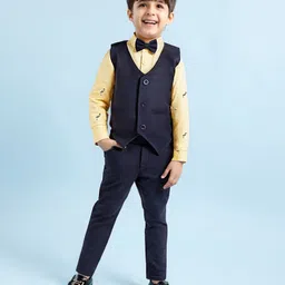 Babyhug Woven Full Sleeves 3 Piece Party Suit With Bird Print & Bow - Mustard & Navy Blue-picture-13