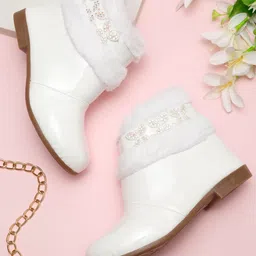 Tiny Bugs Butterfly Designed & Fur Detailed Party Wear Boots - White-picture-21