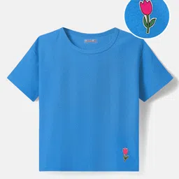 kookie kids india Kookie Kids Cotton Knit Half Sleeves Oversized T-Shirt with Floral Patch - Blue-picture-23