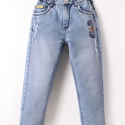 Olio Kids Full Length Distressed Washed Denim Jeans with Text Print - Light Blue-picture-47