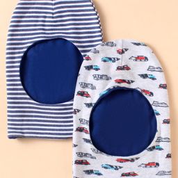 BUMZEE Interlock Knit Reversible Monkey Cap with Stripes & Vehicle Print Navy Blue & Grey Pack Of 2 - Diameter 23.5 cm-picture-6