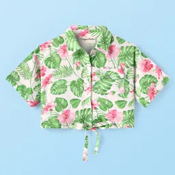 CrayonFlakes Rayon Half Sleeves Floral Printed Shirt Style Crop Top - Off White & Green-picture-17