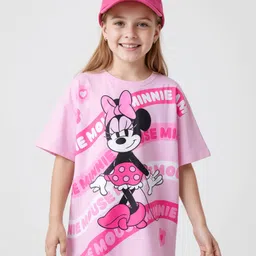 HoneyHap Disney Single Jersey Knit Drop Shoulder Half Sleeves Oversized T-Shirt With Minnie Mouse Graphics - Pink-picture-26
