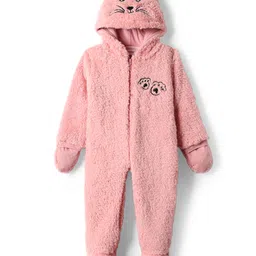 Babyhug Fur Woven Full Sleeves Footed Winter Wear Romper with Hood Tiger Embroidery & Ear Applique - Pink-image-65