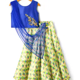 Enfance Sleeveless Zardozi Embroidered & Floral Printed Printed Lehenga Choli With Dupatta Set - Royal Blue-image-10